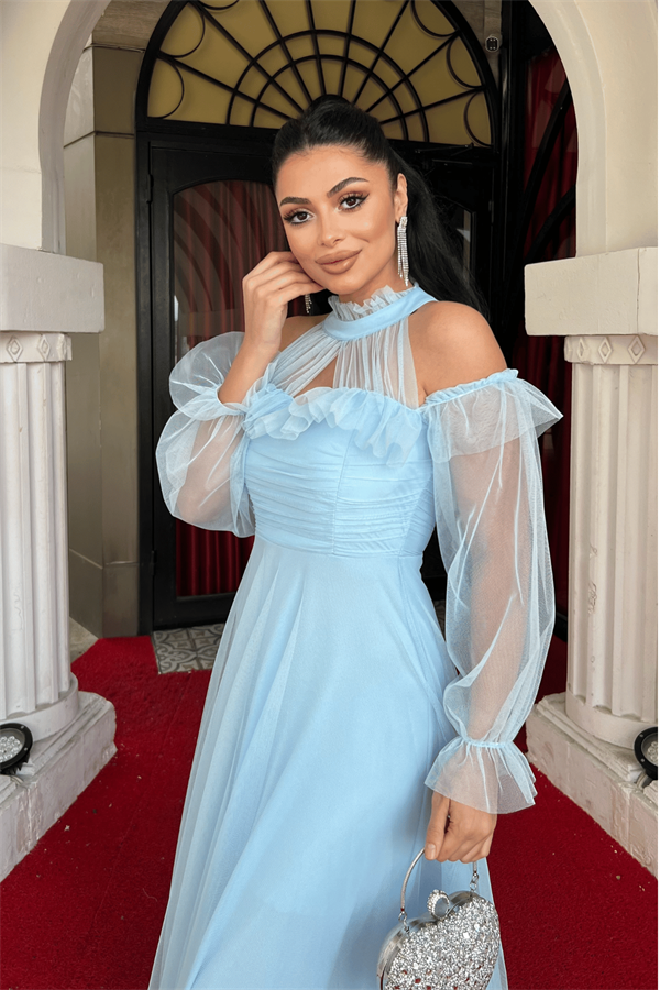 Tül Kumaş Volan Detaylı Tasarım Elbise - BEBE MAVİSİ