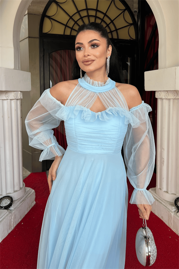 Tül Kumaş Volan Detaylı Tasarım Elbise - BEBE MAVİSİ