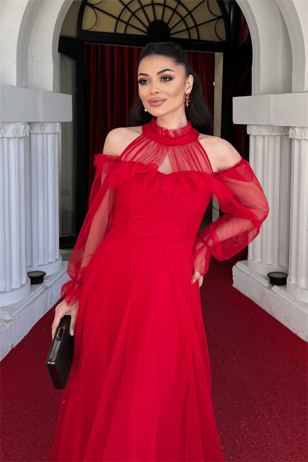 Tül Kumaş Volan Detaylı Tasarım Elbise - KIRMIZI