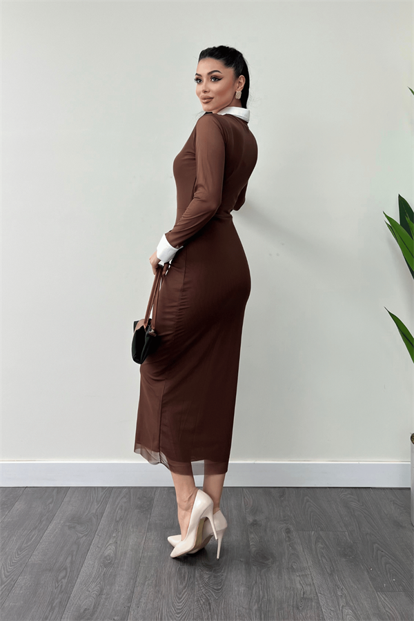 Tül Kumaş Yaka Manşet Detaylı Kalem Elbise - KAHVERENGİ