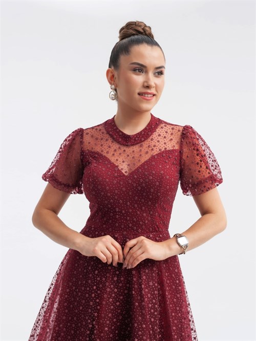 Tulle Fabric Star Patterned Midiboy Dress Burgundy