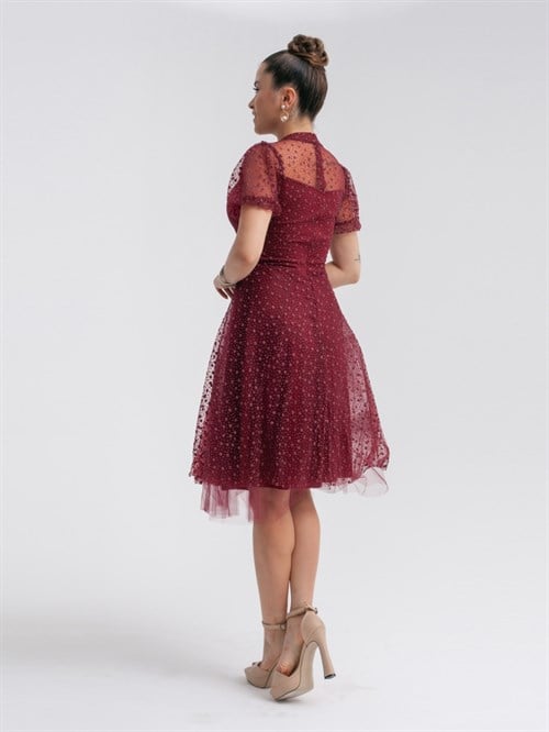 Tulle Fabric Star Patterned Midiboy Dress Burgundy