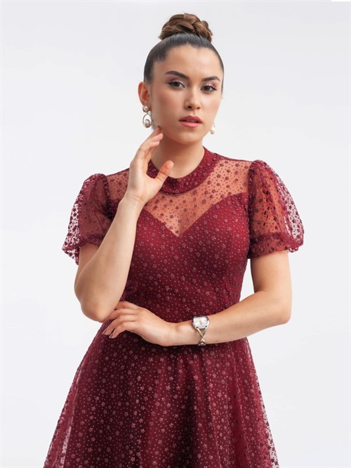 Tulle Fabric Star Patterned Midiboy Dress Burgundy