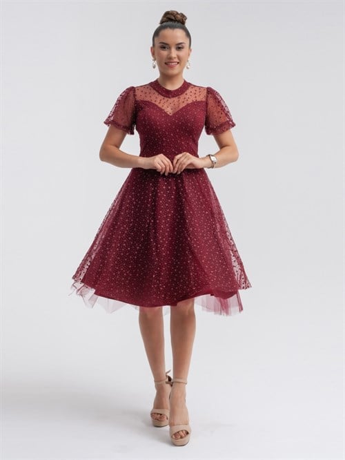 Tulle Fabric Star Patterned Midiboy Dress Burgundy