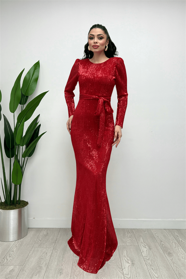 Tül Payet Kumaş Balık Abiye Elbise - KIRMIZI