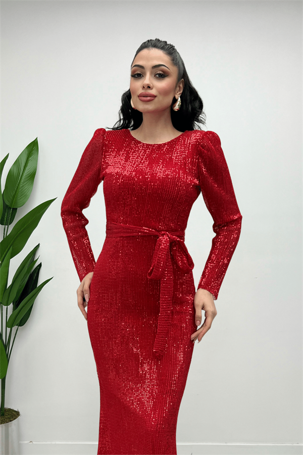 Tül Payet Kumaş Balık Abiye Elbise - KIRMIZI