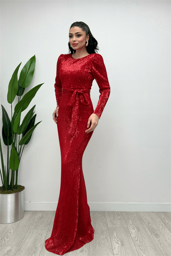Tül Payet Kumaş Balık Abiye Elbise - KIRMIZI