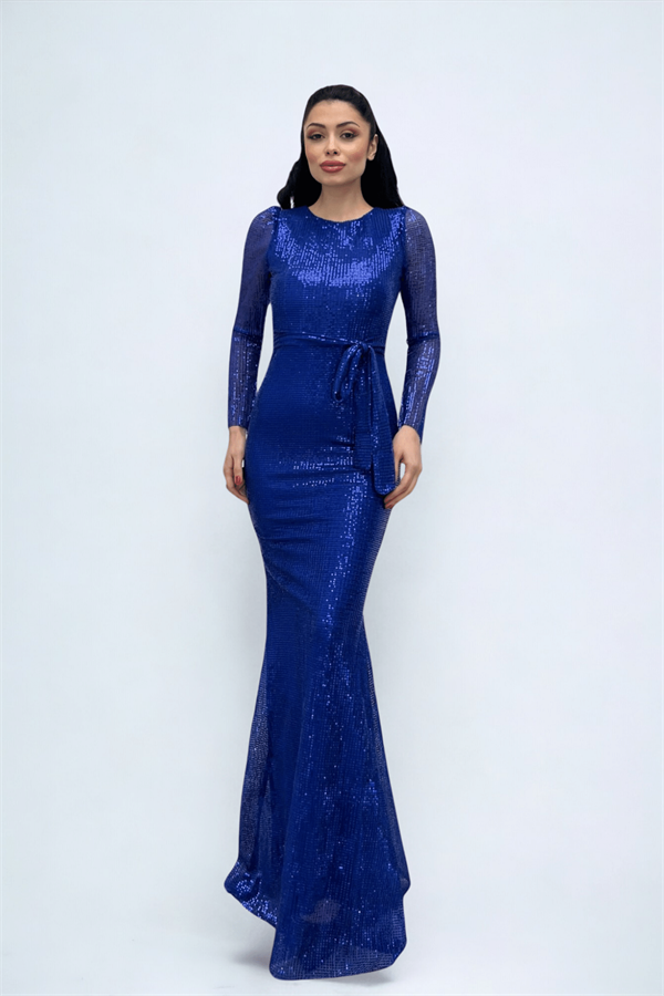 Tül Payet Kumaş Balık Abiye Elbise - SAKS MAVİ