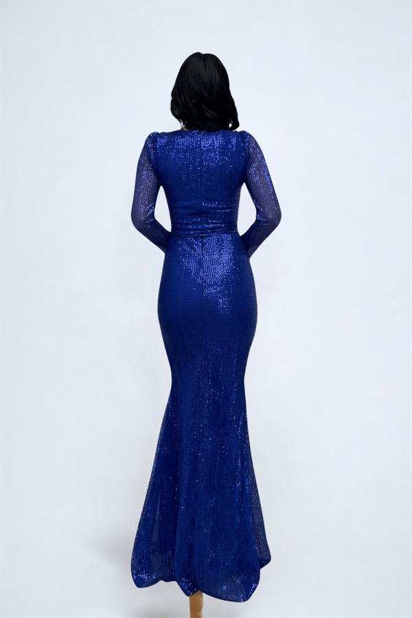 Tül Payet Kumaş Balık Abiye Elbise - SAKS MAVİ