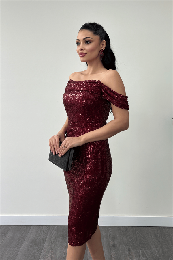 Tül Payet Kumaş Degaje Yaka Kalem Elbise - BORDO