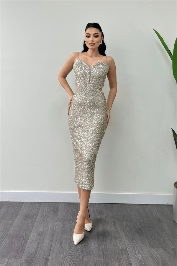 Tül Pul Payet Kumaş Sırt Detaylı Kalem Elbise - GOLD