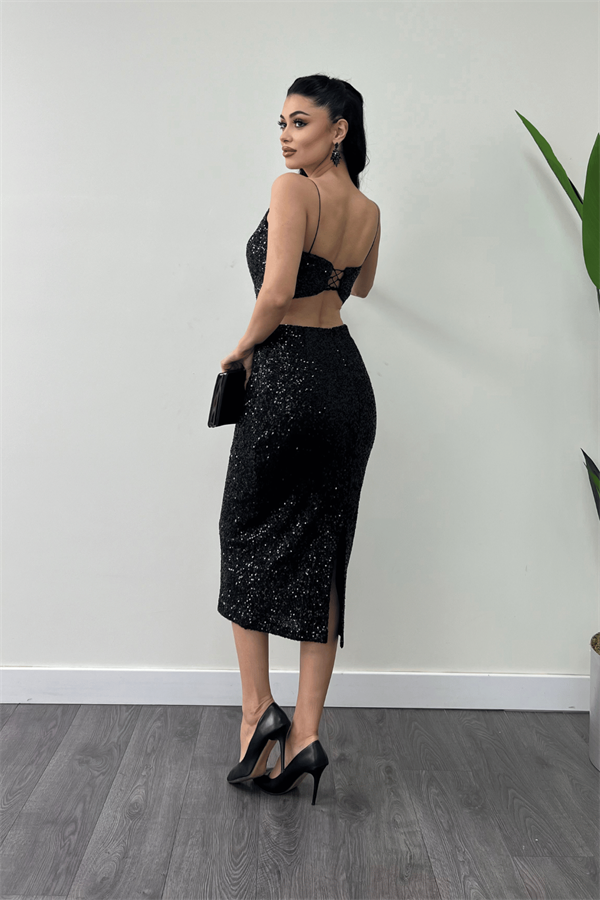 Tül Pul Payet Kumaş Sırt Detaylı Kalem Elbise - SİYAH