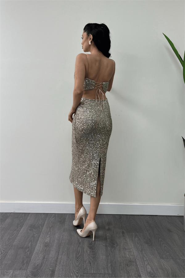 Tül Pul Payet Kumaş Sırt Detaylı Kalem Elbise - GOLD