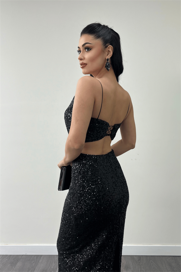 Tül Pul Payet Kumaş Sırt Detaylı Kalem Elbise - SİYAH