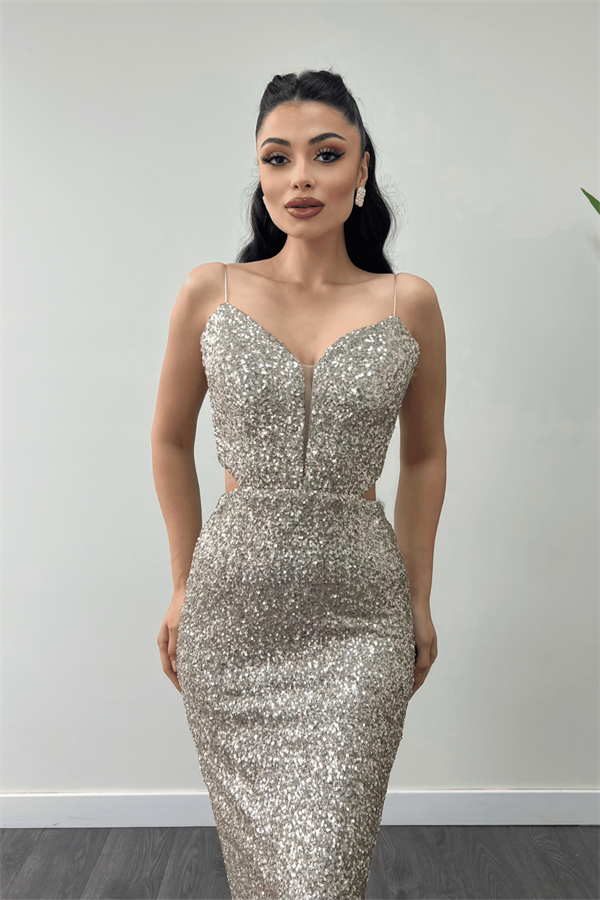 Tül Pul Payet Kumaş Sırt Detaylı Kalem Elbise - GOLD