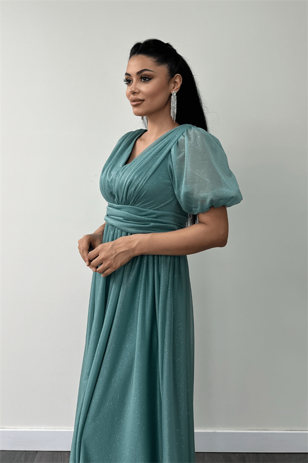 Tül Simli Kumaş Büzgü Detaylı Midi Elbise - MİNT YEŞİLİ