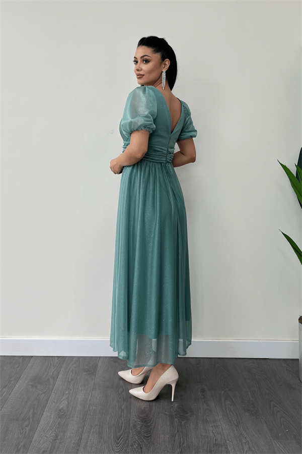 Tül Simli Kumaş Büzgü Detaylı Midi Elbise - MİNT YEŞİLİ