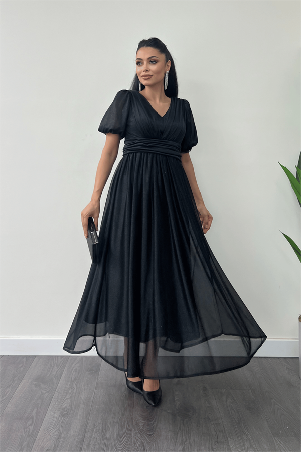 Tül Simli Kumaş Büzgü Detaylı Midi Elbise - SİYAH