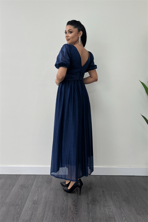 Tül Simli Kumaş Büzgü Detaylı Midi Elbise - LACİVERT