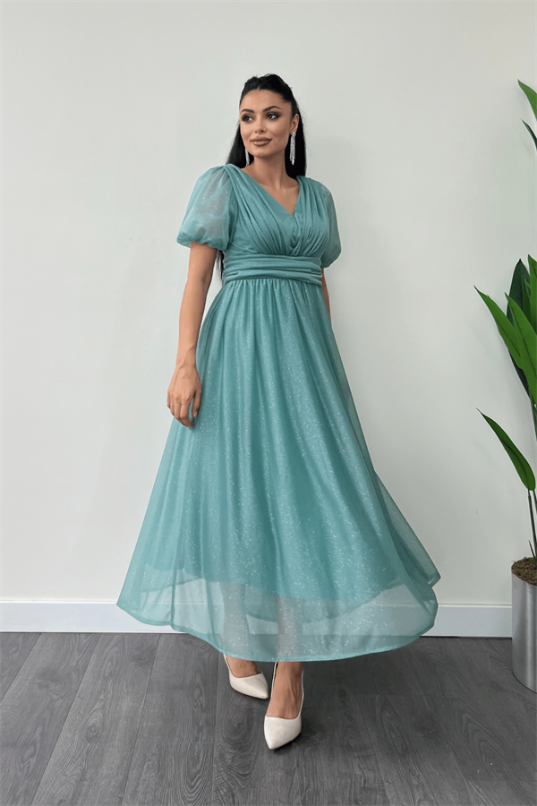 Tül Simli Kumaş Büzgü Detaylı Midi Elbise - MİNT YEŞİLİ