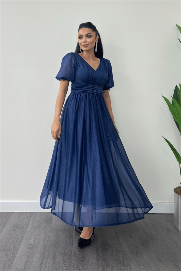 Tül Simli Kumaş Büzgü Detaylı Midi Elbise - LACİVERT