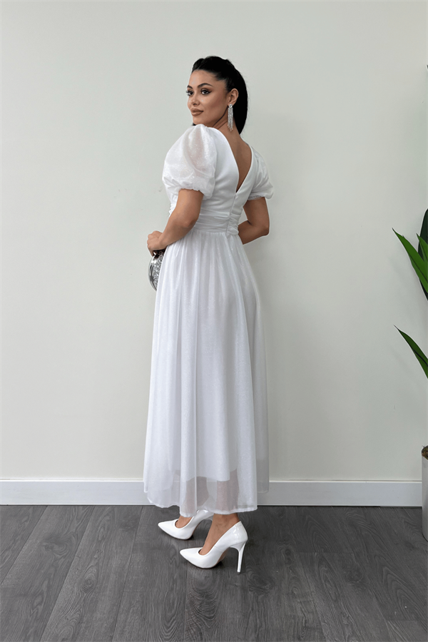 Tül Simli Kumaş Büzgü Detaylı Midi Elbise - BEYAZ