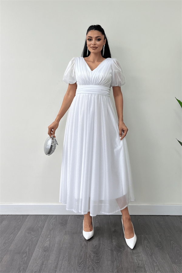 Tül Simli Kumaş Büzgü Detaylı Midi Elbise - BEYAZ