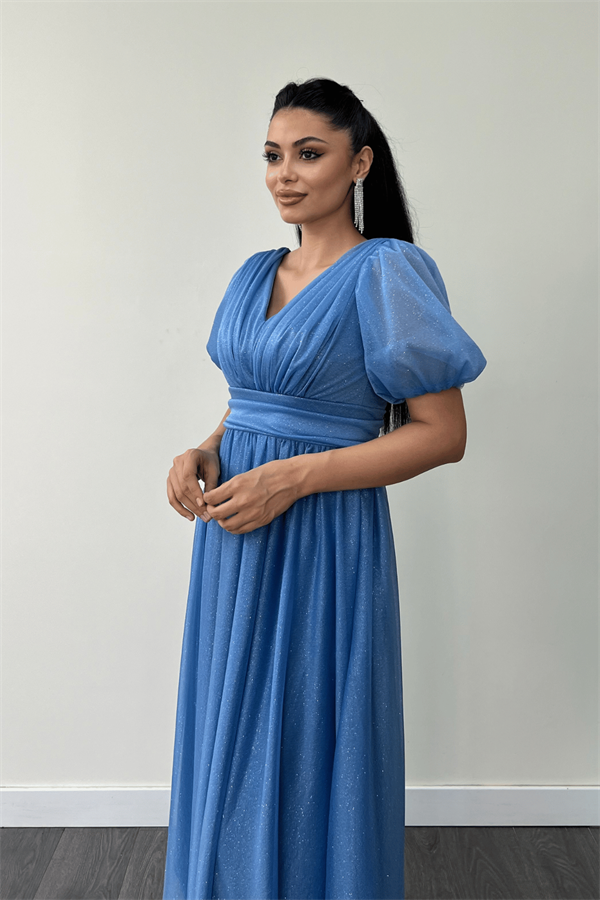 Tül Simli Kumaş Büzgü Detaylı Midi Elbise - İNDİGO