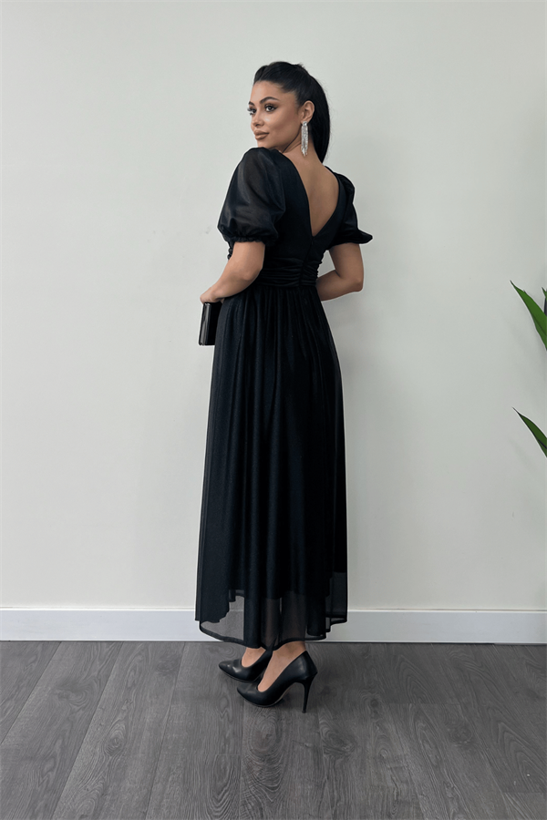 Tül Simli Kumaş Büzgü Detaylı Midi Elbise - SİYAH