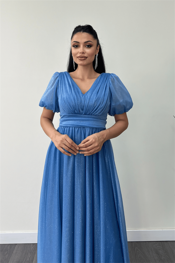 Tül Simli Kumaş Büzgü Detaylı Midi Elbise - İNDİGO