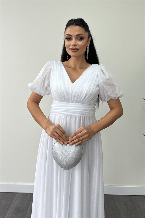 Tül Simli Kumaş Büzgü Detaylı Midi Elbise - BEYAZ