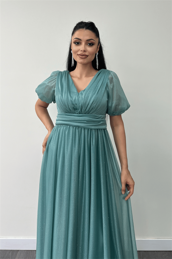 Tül Simli Kumaş Büzgü Detaylı Midi Elbise - MİNT YEŞİLİ