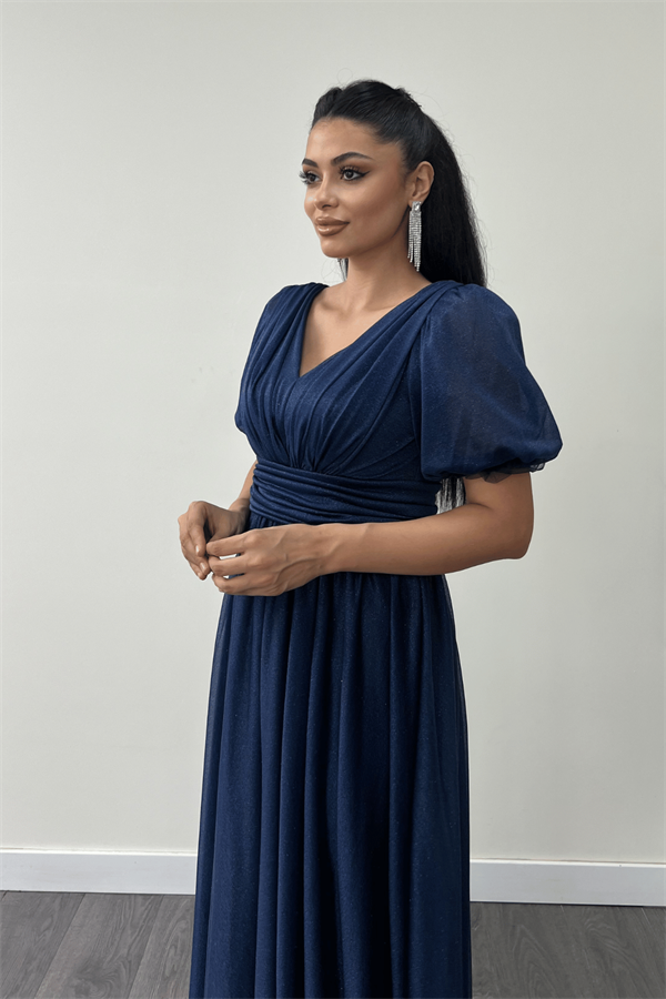 Tül Simli Kumaş Büzgü Detaylı Midi Elbise - LACİVERT