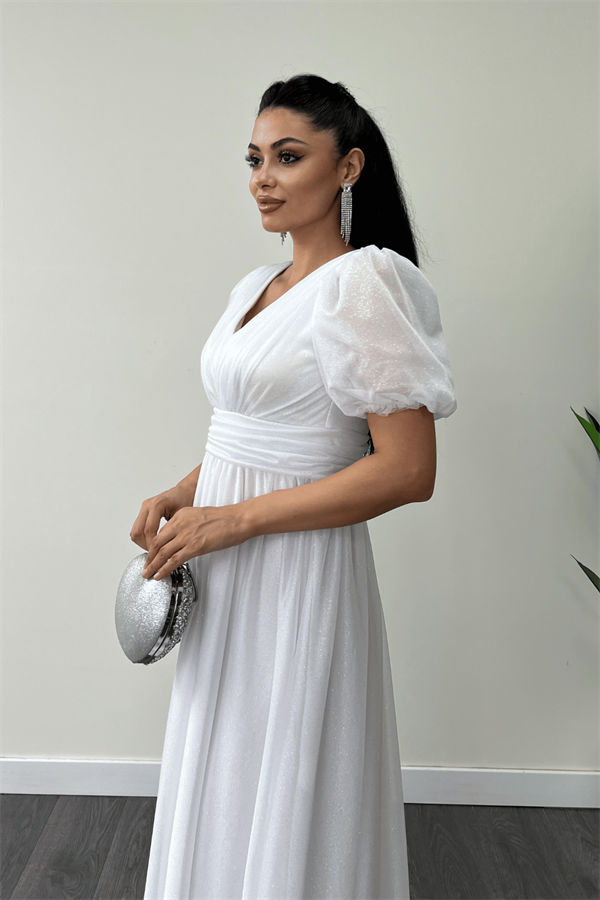 Tül Simli Kumaş Büzgü Detaylı Midi Elbise - BEYAZ