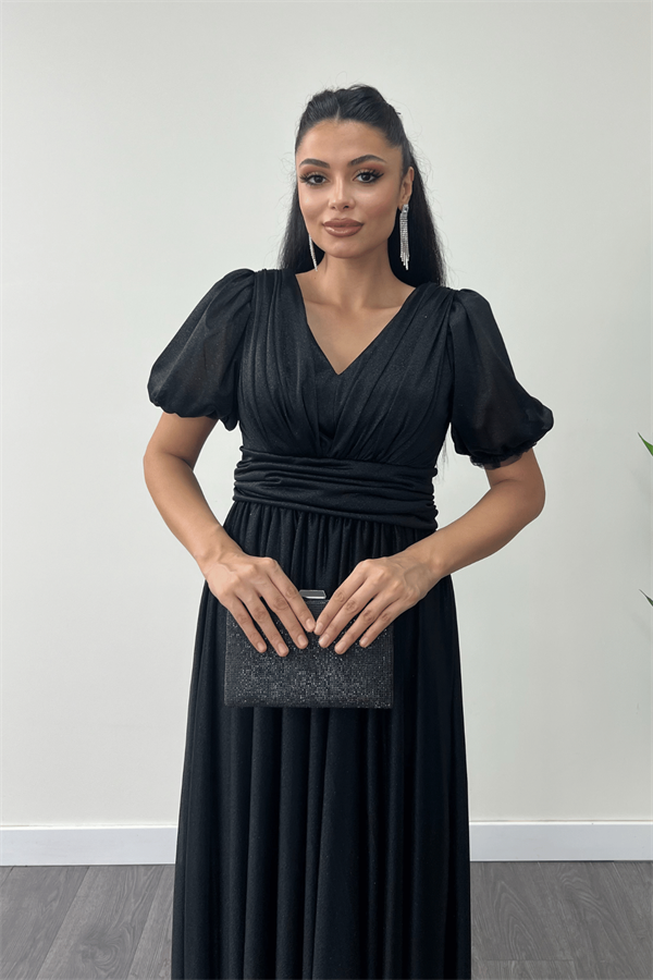 Tül Simli Kumaş Büzgü Detaylı Midi Elbise - SİYAH