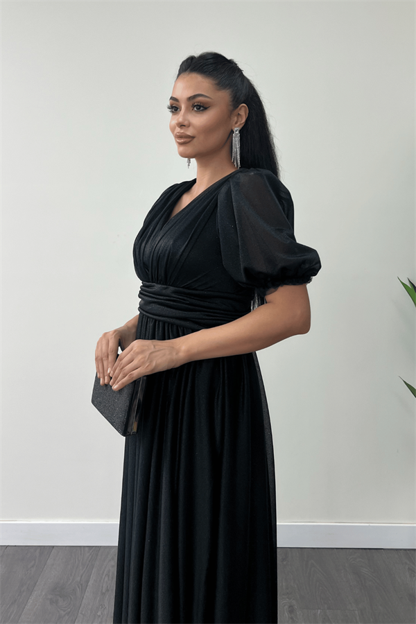 Tül Simli Kumaş Büzgü Detaylı Midi Elbise - SİYAH