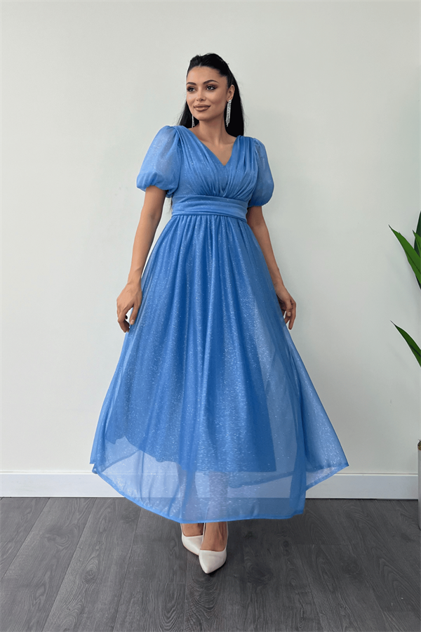 Tül Simli Kumaş Büzgü Detaylı Midi Elbise - İNDİGO