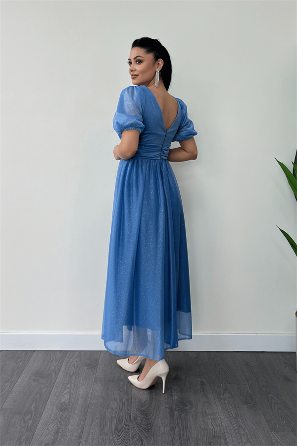 Tül Simli Kumaş Büzgü Detaylı Midi Elbise - İNDİGO