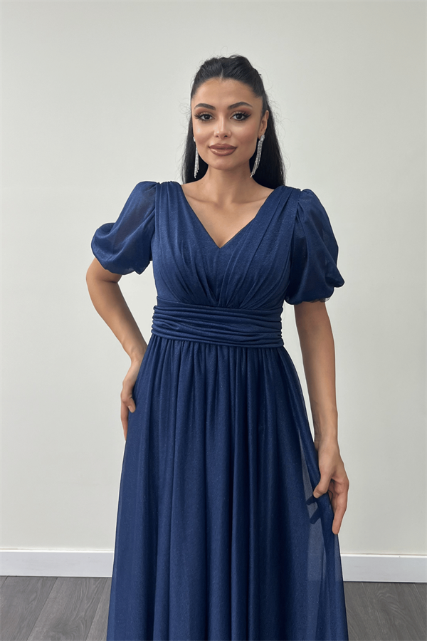 Tül Simli Kumaş Büzgü Detaylı Midi Elbise - LACİVERT