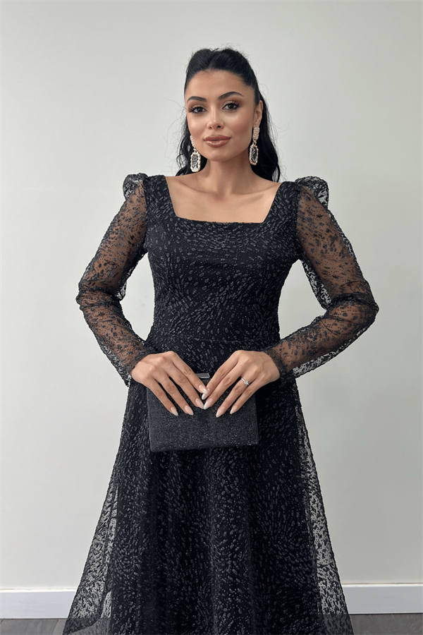 Tül Simli Kumaş Kare Yaka Midi Abiye Elbise - SİYAH