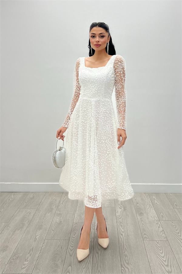 Tül Simli Kumaş Kare Yaka Midi Abiye Elbise - BEYAZ