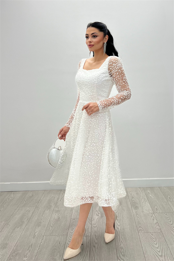 Tül Simli Kumaş Kare Yaka Midi Abiye Elbise - BEYAZ