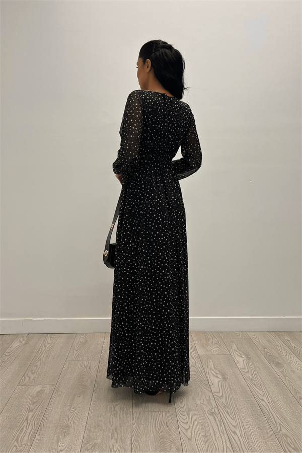 فستان مزين بحزام مطبع بالليزر على قماش من التل - الأسود