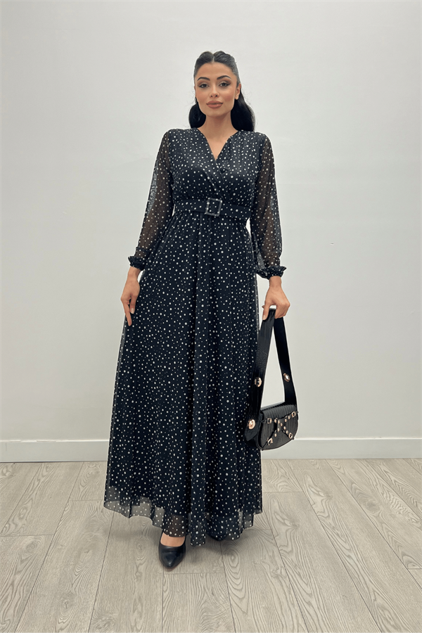 فستان مزين بحزام مطبع بالليزر على قماش من التل - الأسود