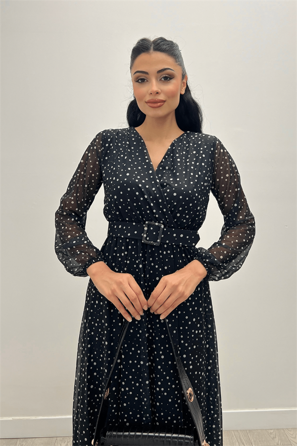 فستان مزين بحزام مطبع بالليزر على قماش من التل - الأسود