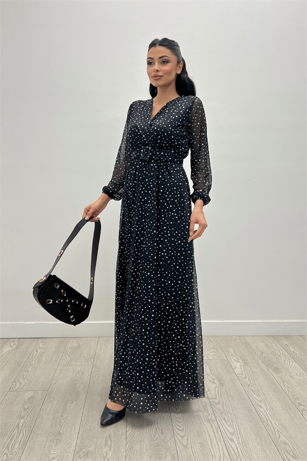 فستان مزين بحزام مطبع بالليزر على قماش من التل - الأسود