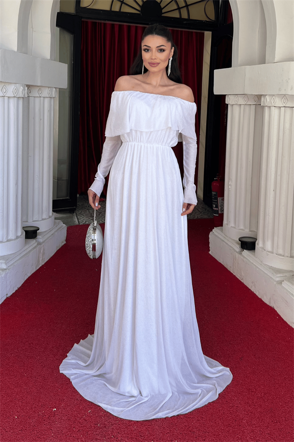 فستان سهرة لامع على التول - الأبيض