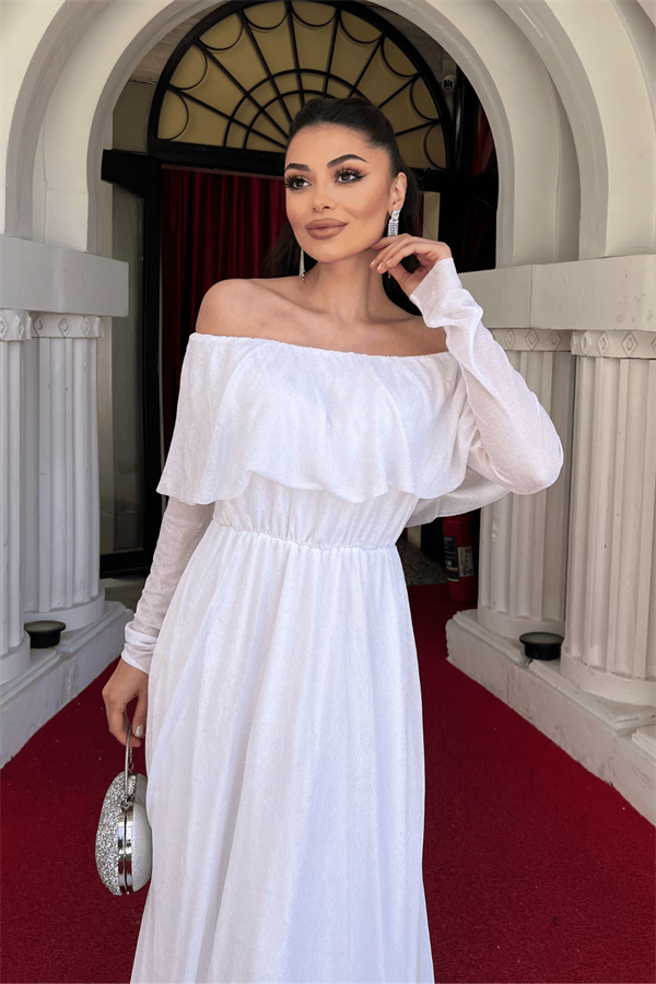 فستان سهرة لامع على التول - الأبيض