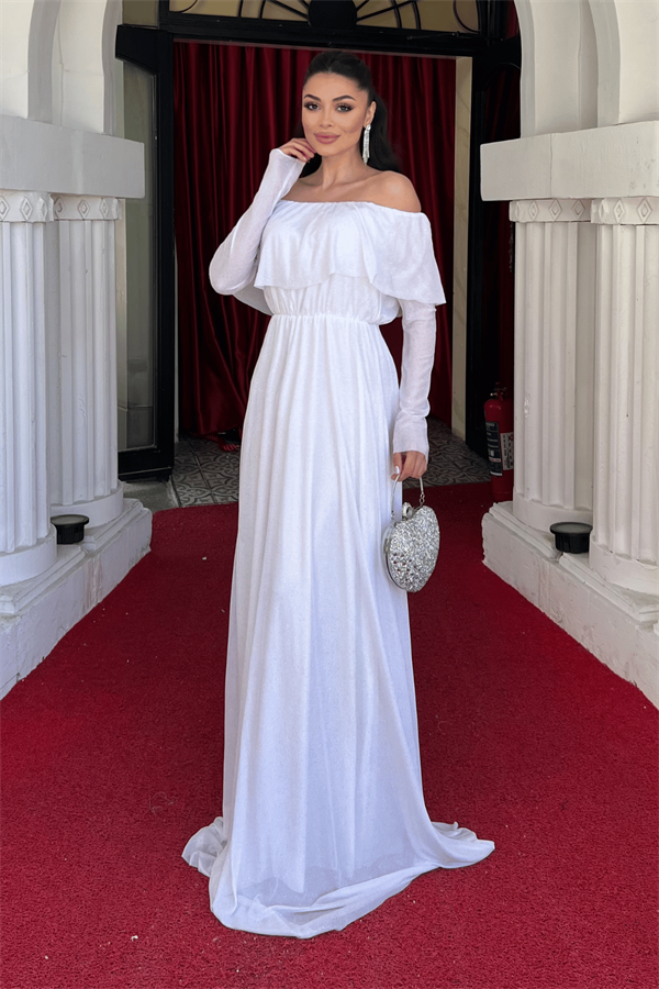 فستان سهرة لامع على التول - الأبيض