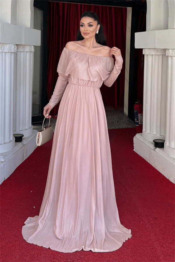 فستان سهرة لامع على التول - لون البودرة